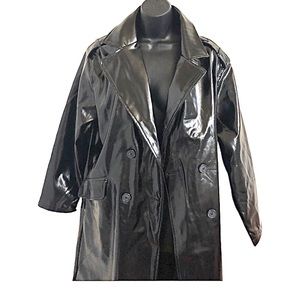 Black patent pleather double breasted futuristic long trench coat size small new